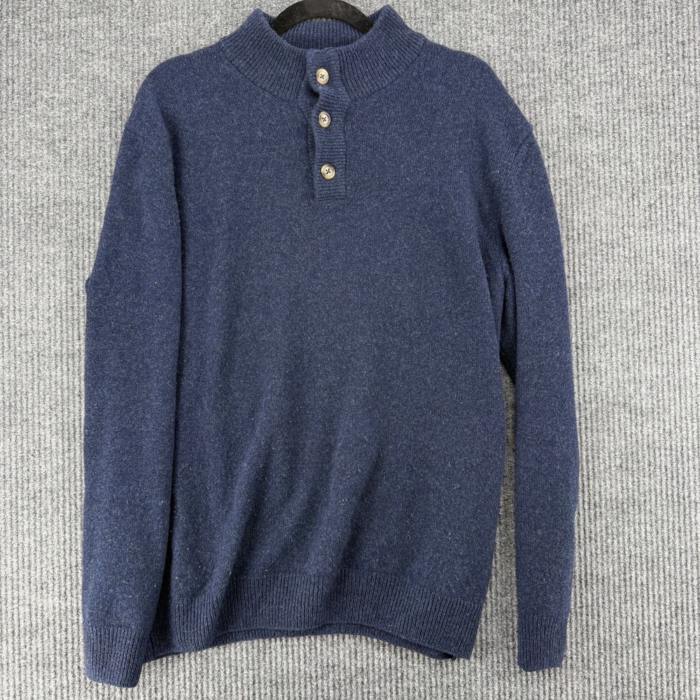 Merino Wool Sweater Mens XL Blue Mock Neck Italy Minimal Coastal Dad‎